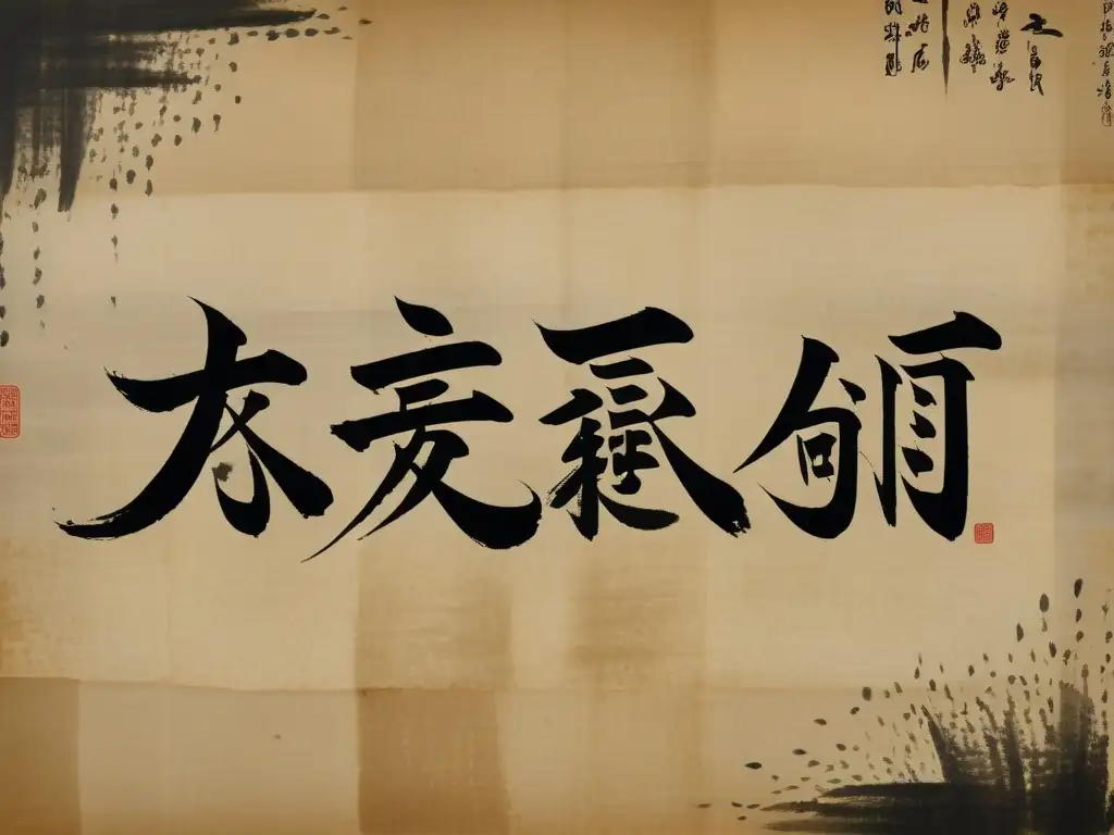 Antigua caligrafía china en pergamino con caracteres en tinta negra, capturando elegancia y fuerza