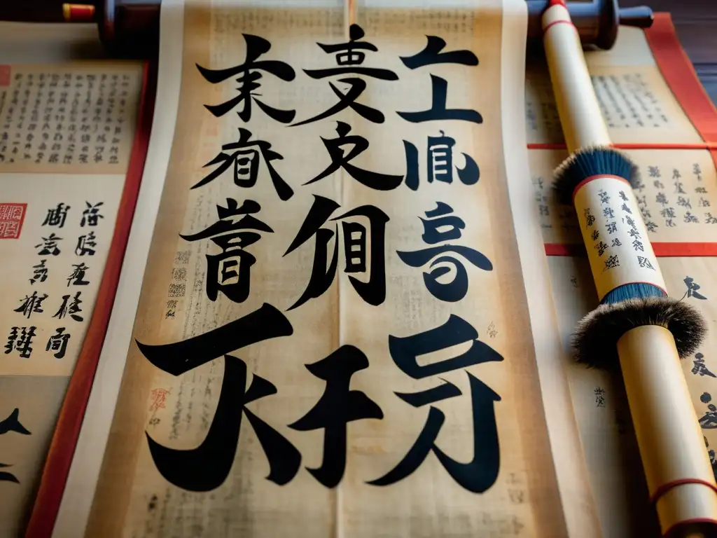 Antigua caligrafía china en pergamino desgastado, mostrando la evolución del kanji en la escritura