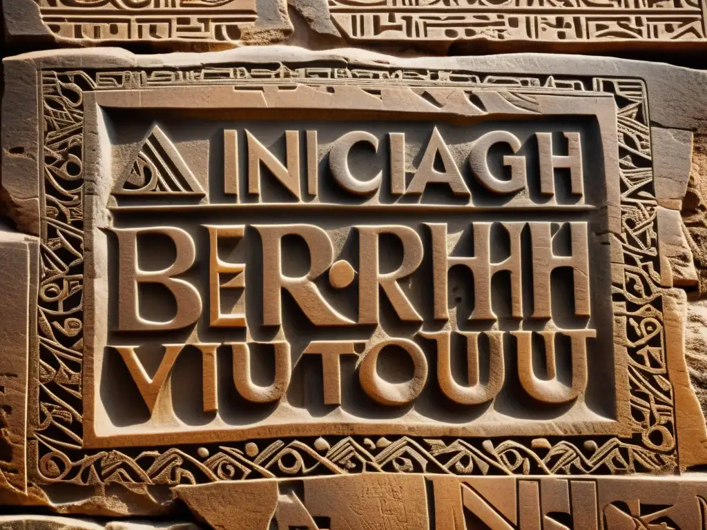 Antigua escritura Tifinagh bereber grabada en piedra arenosa, con detalles y tonos cálidos que evocan su origen cultural