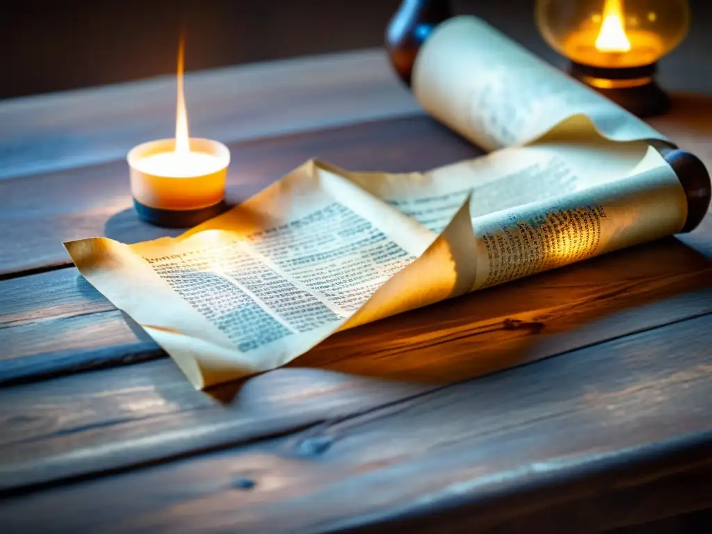 Una antigua escritura curada se despliega sobre una mesa de madera, iluminada por una lámpara de aceite, exudando misterio y reverencia