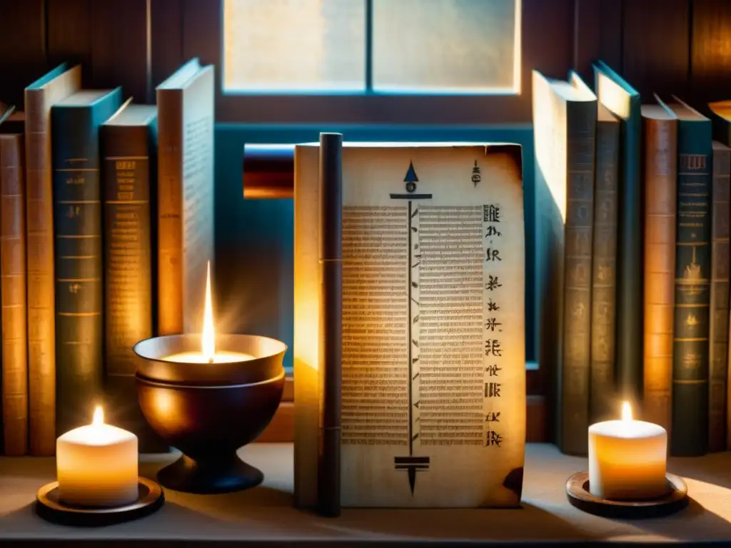 Antigua escritura Ogham iluminada por velas en biblioteca misteriosa