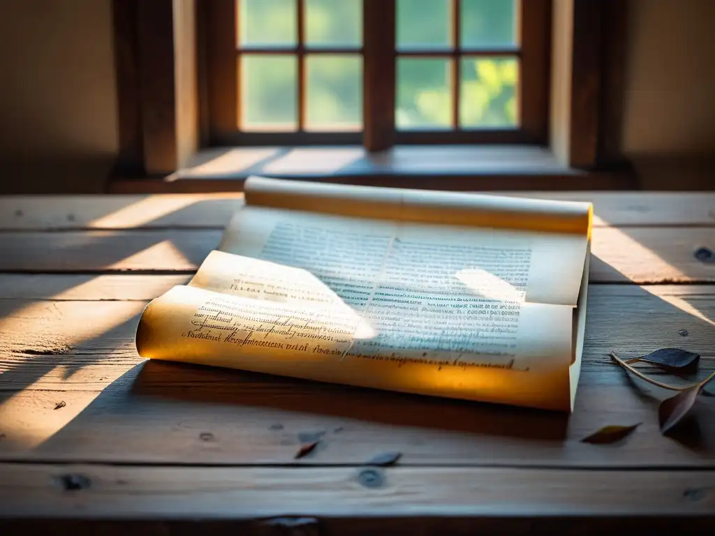 Una antigua escritura preservada en un manuscrito, bañada en luz natural