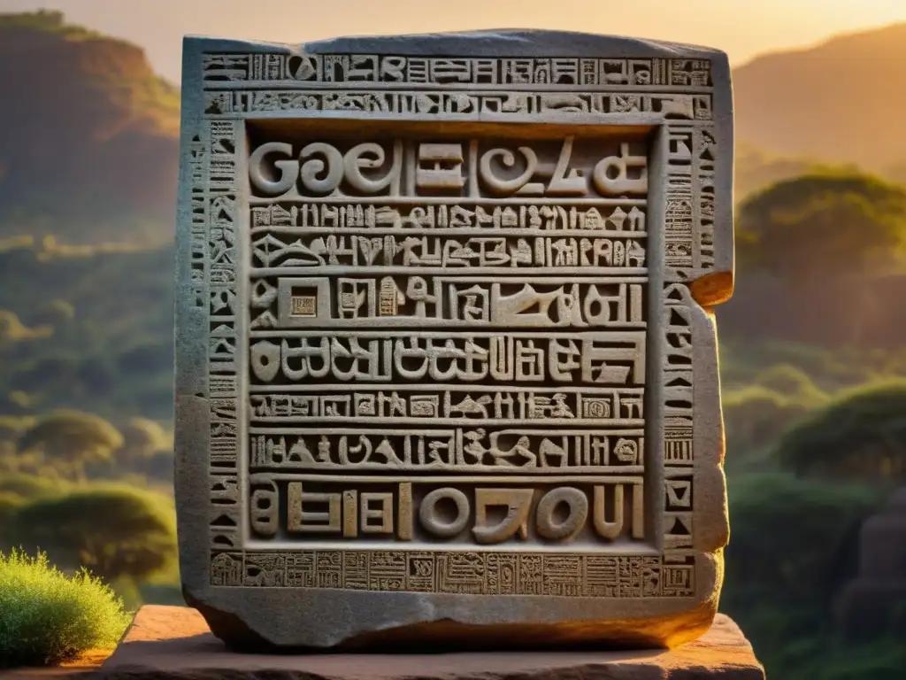 Una antigua escritura etíope Ge'ez tallada en piedra, iluminada por la cálida luz del atardecer, evocando sabiduría atemporal y herencia cultural