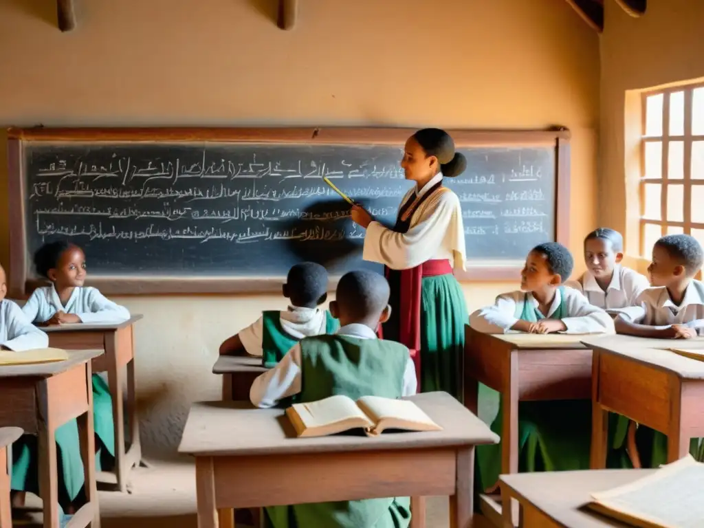 Antigua escuela etíope con enseñanza de la escritura Ge'ez, estudiantes y maestro, evocando historia y preservación cultural