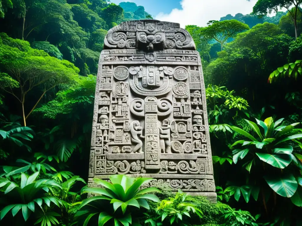 Antigua estela maya en la selva, con jeroglíficos y diseños intrincados