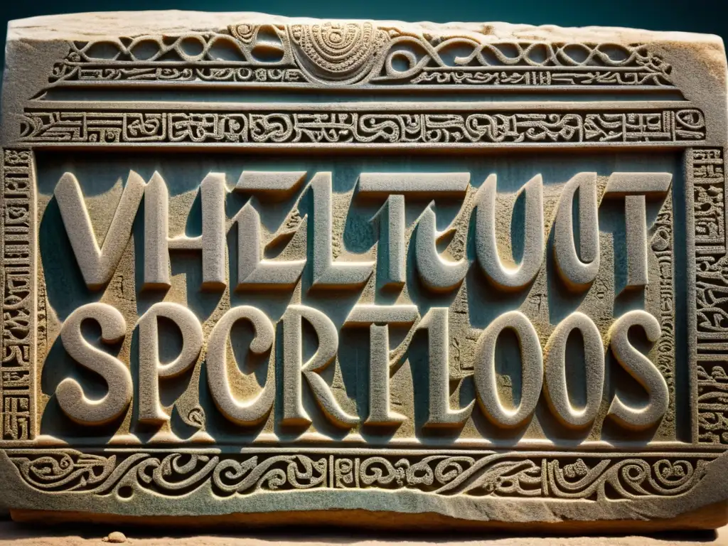 Una antigua inscripción de escritura Vatteluttu en piedra, con caracteres detallados y una estética atemporal