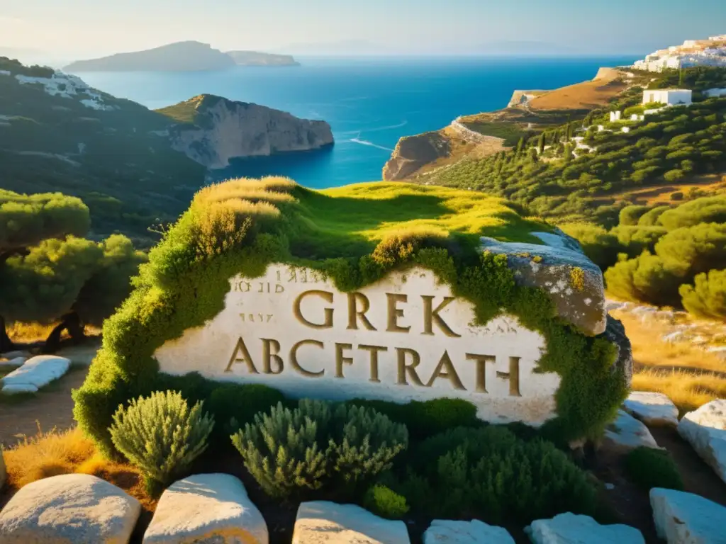 Una antigua inscripción griega, cubierta parcialmente de musgo, con el alfabeto griego visible, en un paisaje mediterráneo bañado por la cálida luz dorada de la tarde