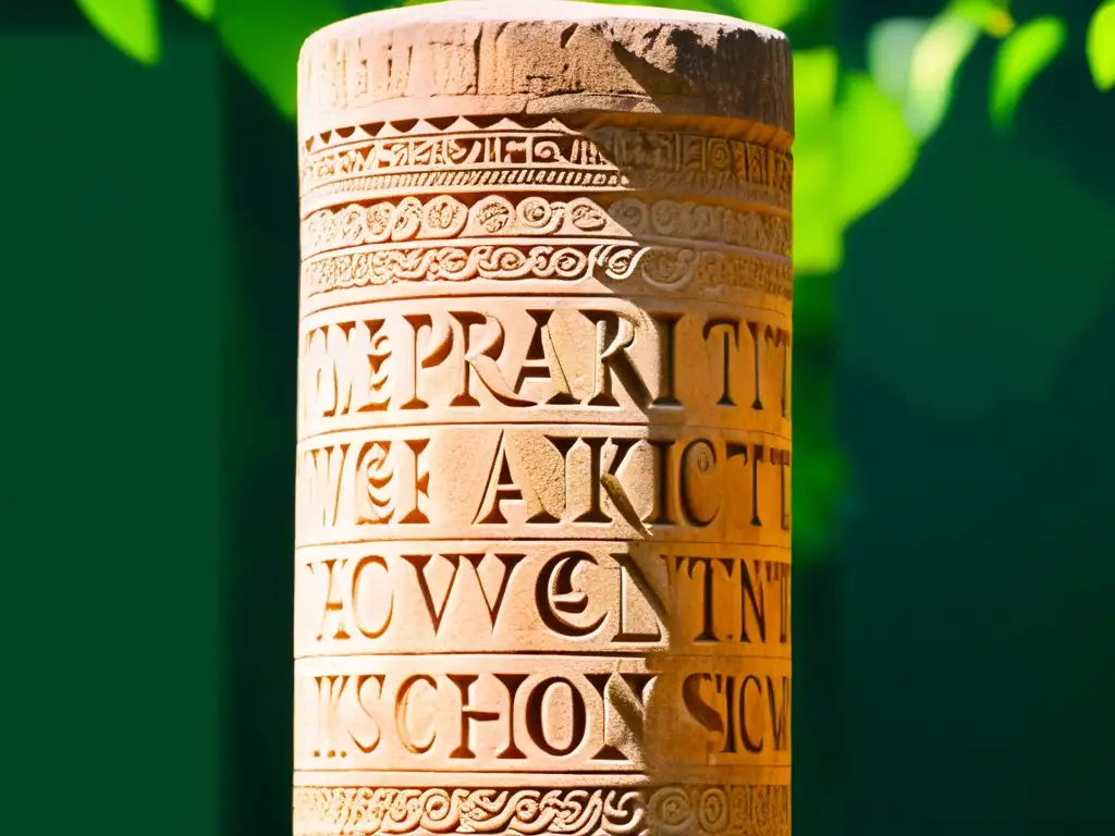 Una antigua inscripción en sánscrito tallada en una columna de piedra, iluminada por el cálido sol, enmarcada por exuberante vegetación