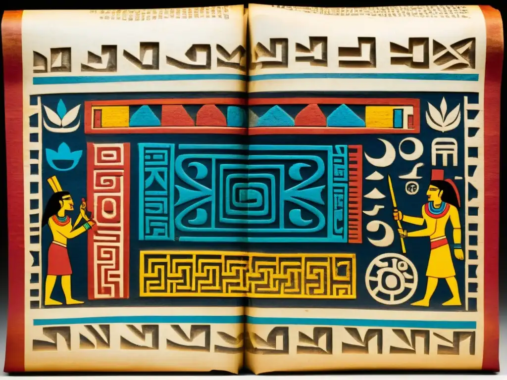 Antigua interpretación de glifos nahuas en codex, historia prehispánica capturada en vibrantes colores y detallados pictogramas