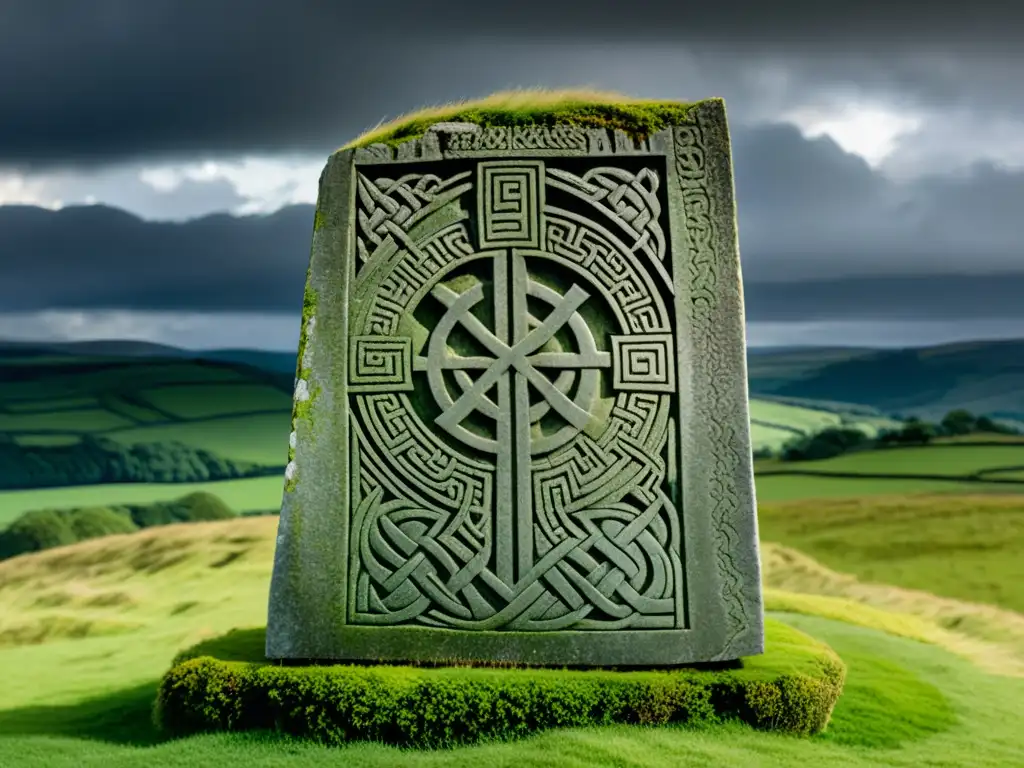 Antigua losa de piedra con escritura celta y símbolos vikingos, rodeada de paisaje dramático, evocando conexiones entre escritura celta vikingos