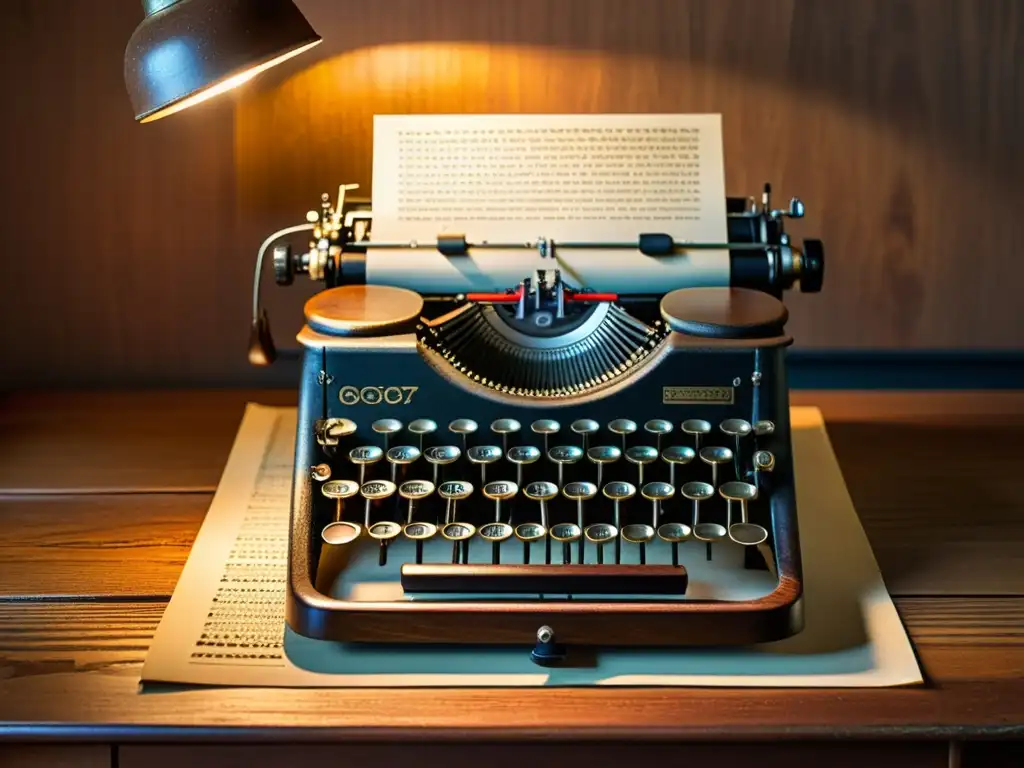 Una antigua máquina de escribir braille reposa en un escritorio de madera, iluminada por la cálida luz de una lámpara de escritorio