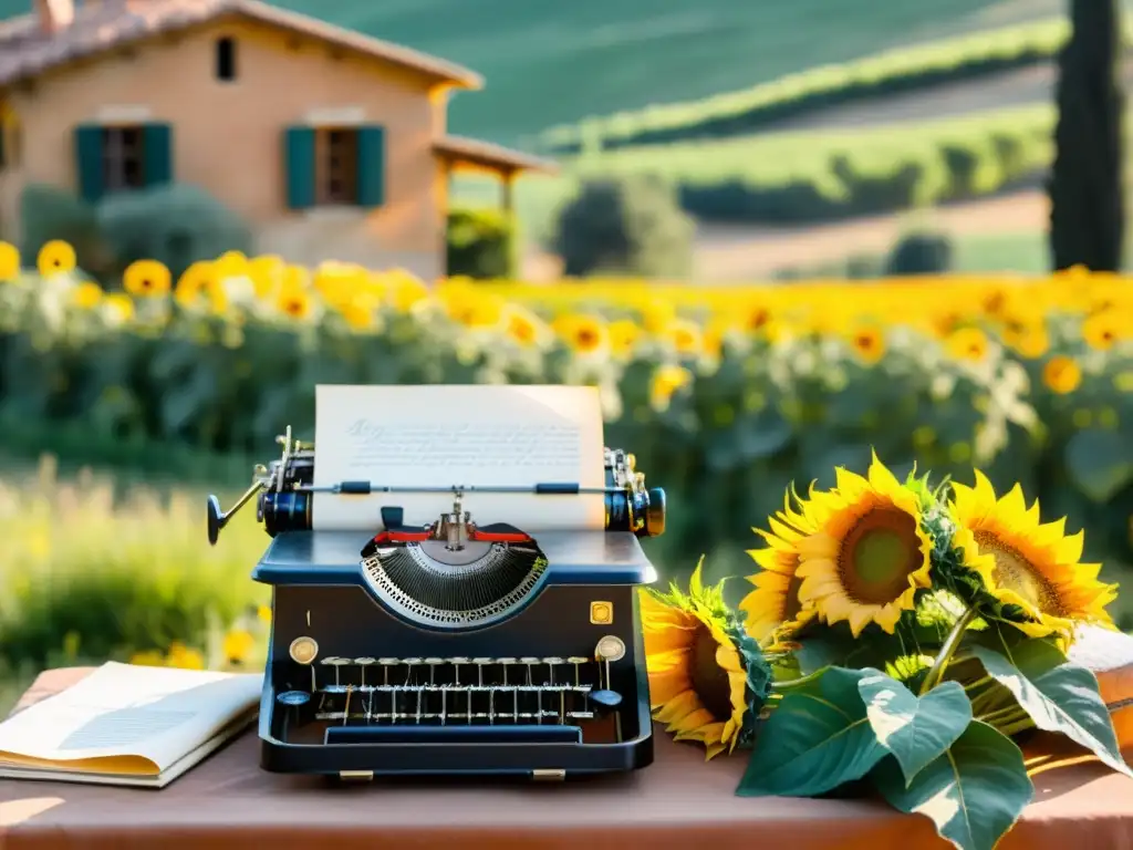 Una antigua máquina de escribir entre girasoles en la campiña toscana