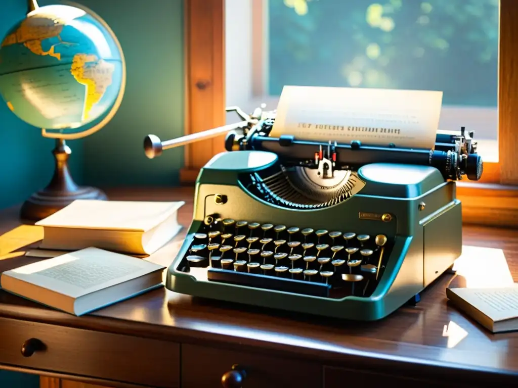 Una antigua máquina de escribir con teclados de varios idiomas descansa sobre un escritorio de madera, junto a libros y un globo terráqueo