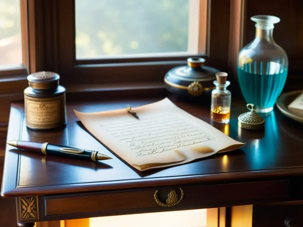 Antigua mesa de escritura con pluma, tinteros y pericias caligráficas colección firmas sellos en varios idiomas, bañada por cálida luz de ventana