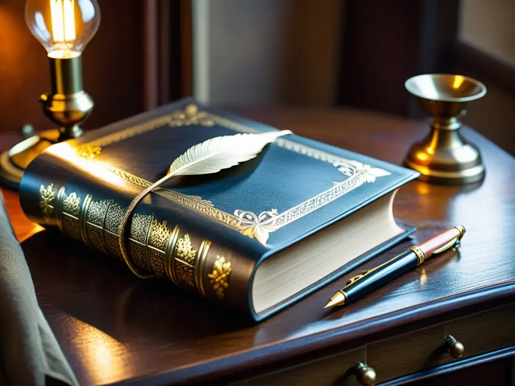 Una antigua mesa de madera con un libro de cuero desgastado rodeado de herramientas de escritura antiguas