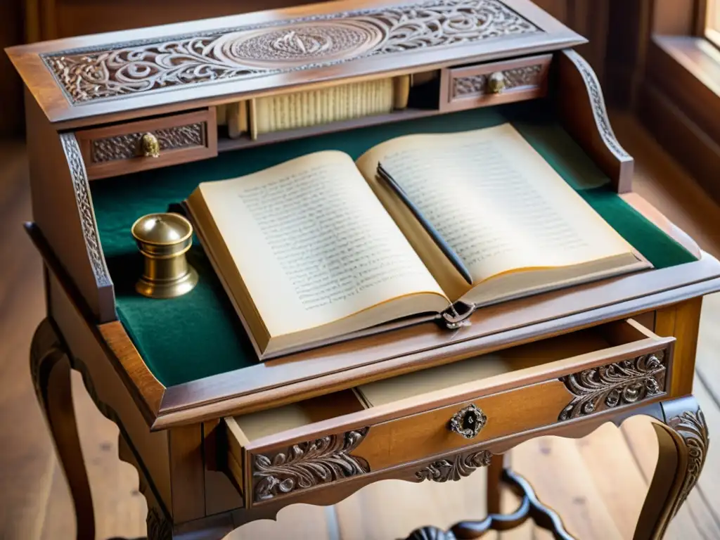 Antigua mesa de madera para escribir con manuscrito abierto en cuero, iluminada por luz cálida natural