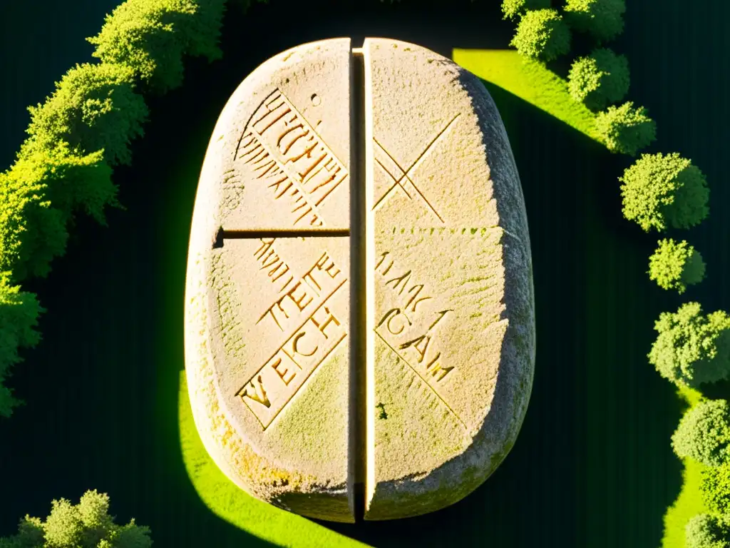 Antigua piedra Ogham celta con inscripciones detalladas, bañada en cálido sol dorado y rodeada de exuberante campo