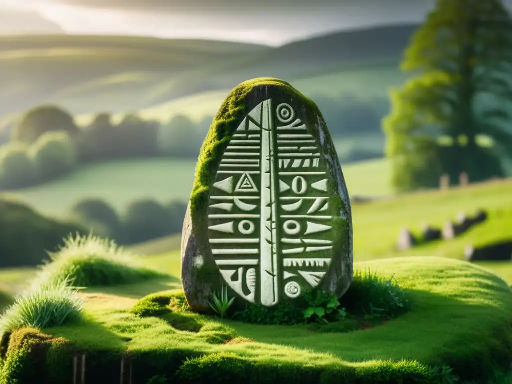 Antigua piedra ogham en paisaje irlandés, con misteriosos símbolos del alfabeto ogham destacados por la luz del sol