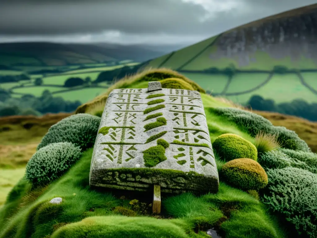 Antigua piedra ogham con musgo, carvings visibles, colinas verdes y cielo nublado, evocando certificación escritura antigua irlandesa