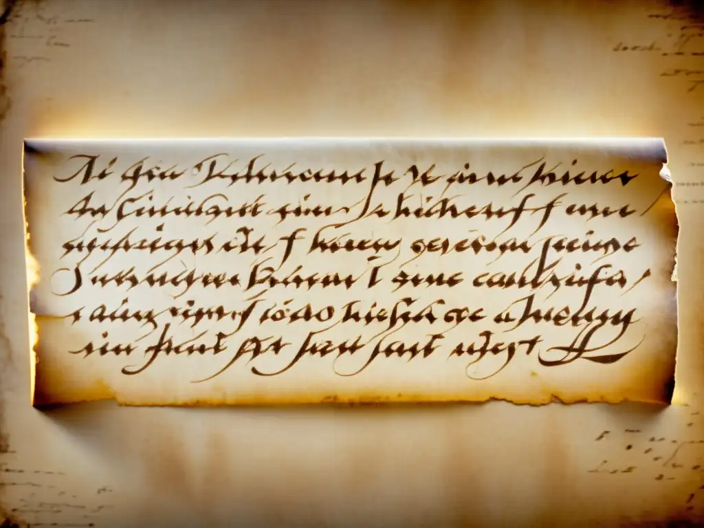 Una antigua pergamino con caligrafía y motivos decorativos detallados, en tonos sepia desgastados, iluminado por luz cálida