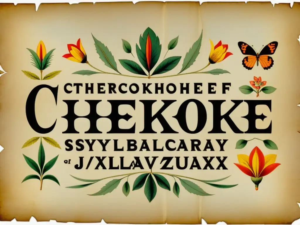 Una antigua pergamino exhibe la Escritura Cherokee junto al alfabeto inglés, con caligrafía ornamental, ilustraciones de flora y fauna nativa