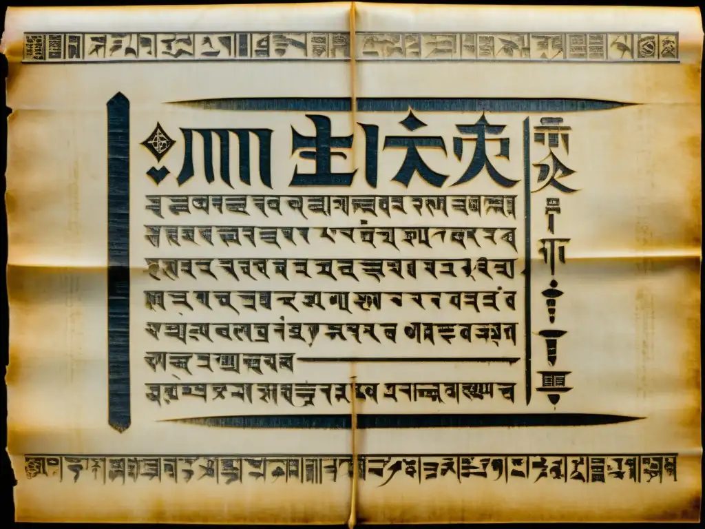 Antiguo pergamino con escritura lineal B en 8K Una antigua pergamino con escritura lineal B meticulosa, en tonos sepia con iluminación suave, evocando sabiduría ancestral