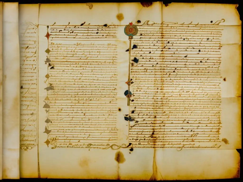 Una antigua pergamino manuscrito con texto envejecido y detalles sutiles, evocando historia y sabiduría