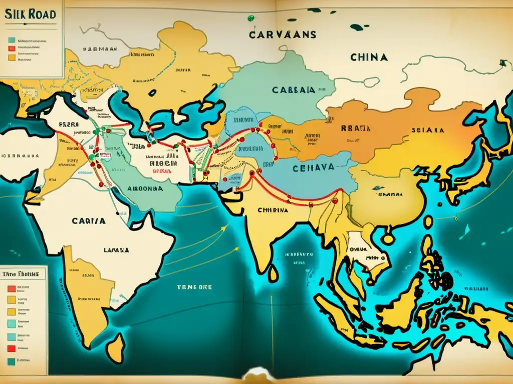 Explora la antigua Ruta de la Seda con este detallado mapa vintage que muestra los sistemas de escritura a lo largo del histórico recorrido