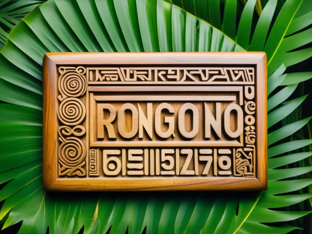 Una antigua tabla de madera con la escritura rongorongo de la Isla de Pascua, rodeada de exuberante vegetación tropical, evocando misterio y significado cultural