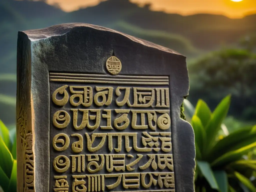 Antigua tabla de piedra con escritura balinesa erosionada, iluminada por el cálido sol poniente en un entorno cultural exuberante