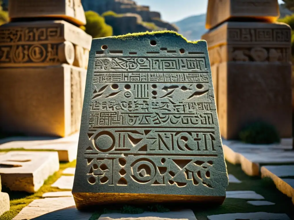 Una antigua tabla de piedra griega con carvings proféticos, bañada por el sol, rodeada de ruinas, evocando misterio y descubrimiento