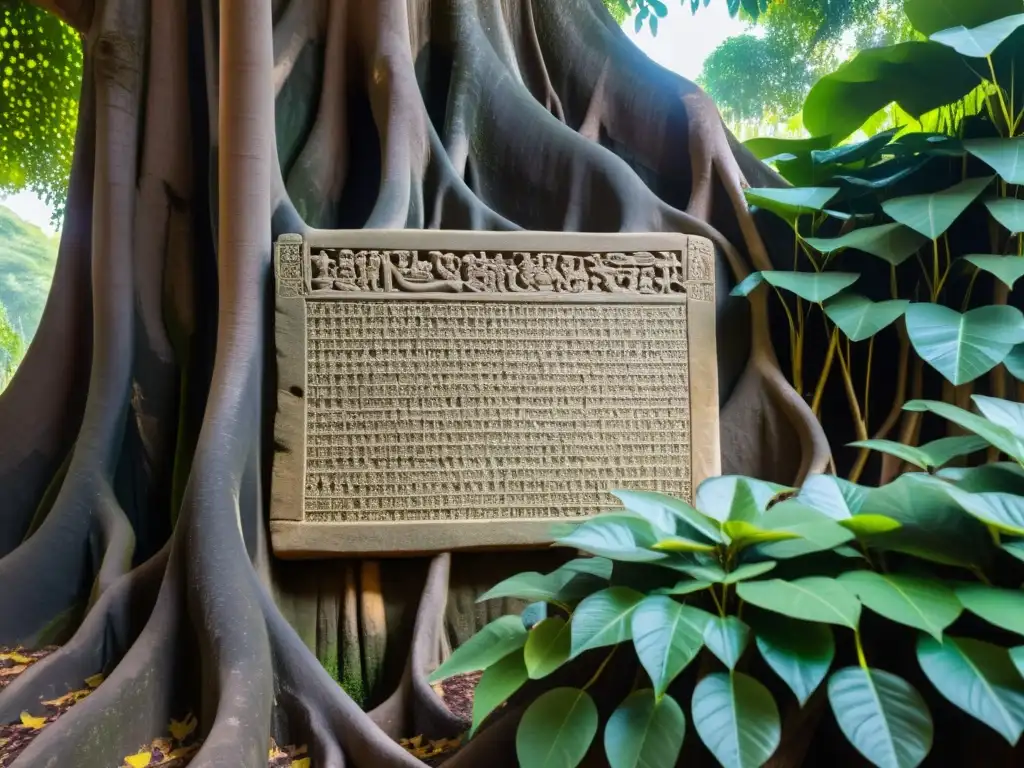 Una antigua tabla de piedra tallada con escritura Brahmi, retratando a eruditos transcribiendo textos sagrados bajo un árbol baniano