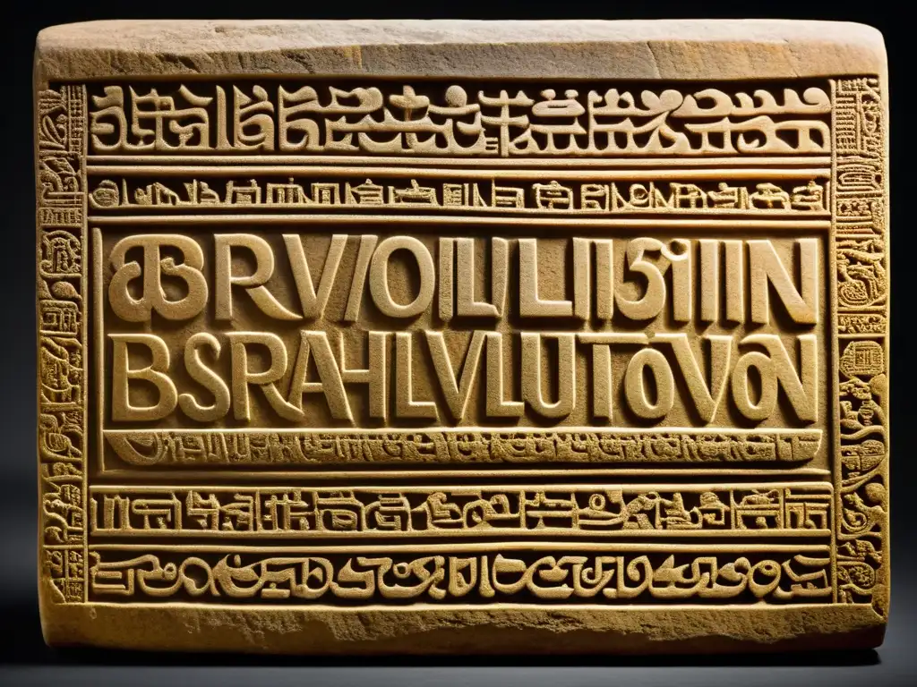 Tableta de piedra esculpida: evolución de la escritura Brahmi Una antigua tabla de piedra tallada muestra la evolución del sistema Brahmi con inscripciones detalladas y marcas del tiempo