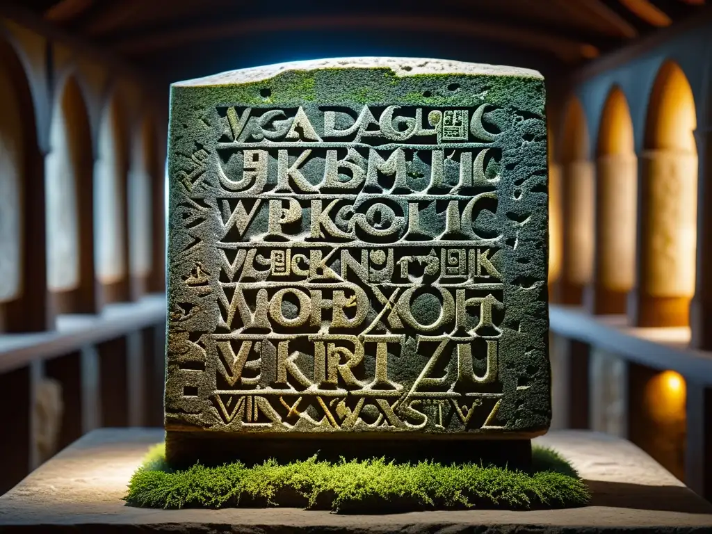 Antigua tableta de piedra con alfabeto glagolítico en biblioteca monástica medieval, iluminada por luz suave