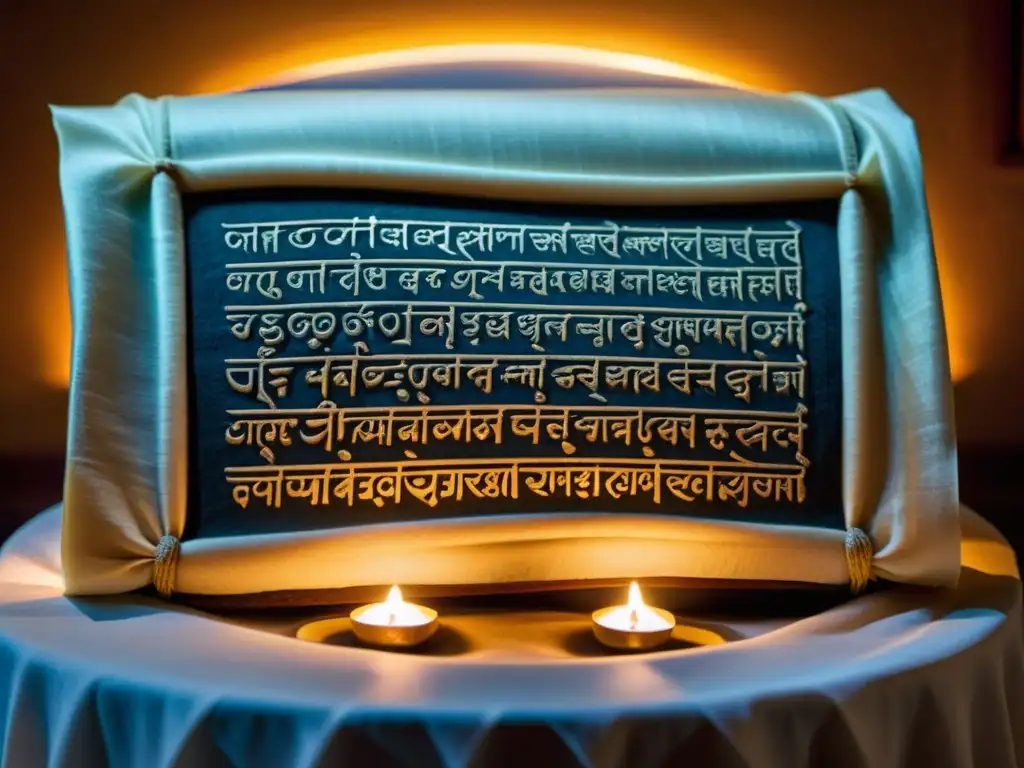 Una antigua tableta de piedra con escritura devanagari y tibetana iluminada por la luz de las velas en un scriptorium