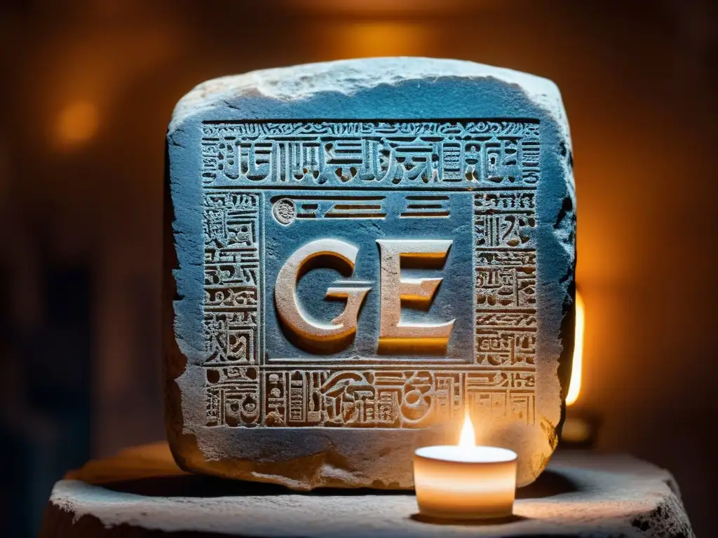 Tableta de piedra antigua con inscripciones Ge'ez iluminada por velas Antigua tableta de piedra con inscripciones en Ge'ez, iluminada por velas