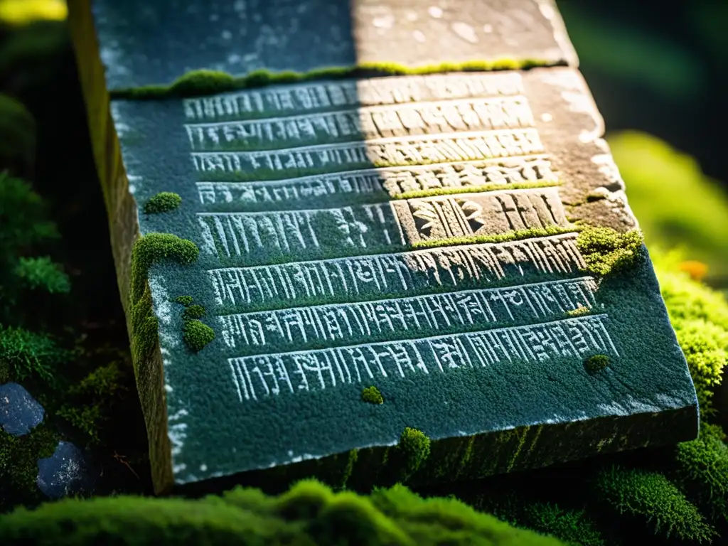 Una antigua tableta de piedra con inscripciones en Ogham, cubierta de musgo y líquenes, bañada por la luz solar