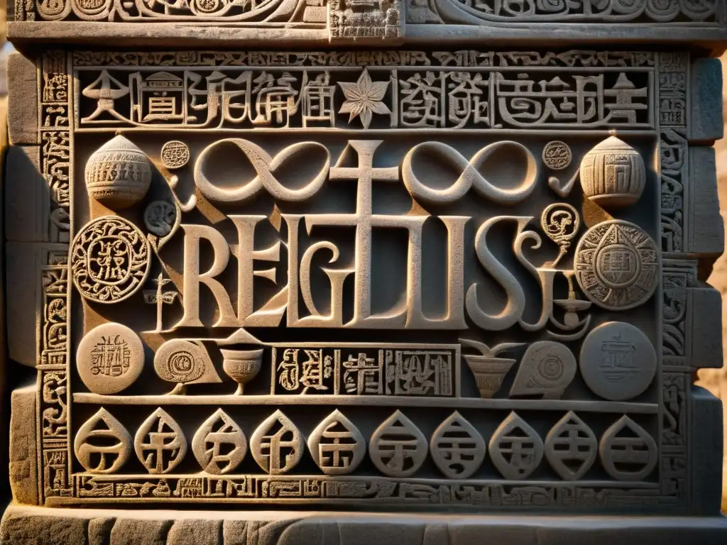Una antigua tableta de piedra con inscripciones religiosas, iluminada por la cálida luz del atardecer