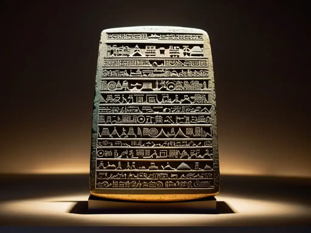 Antigua tableta de piedra con intrincados jeroglíficos, iluminada en un ambiente de museo, evocando la rica herencia de los sistemas de escritura en culturas