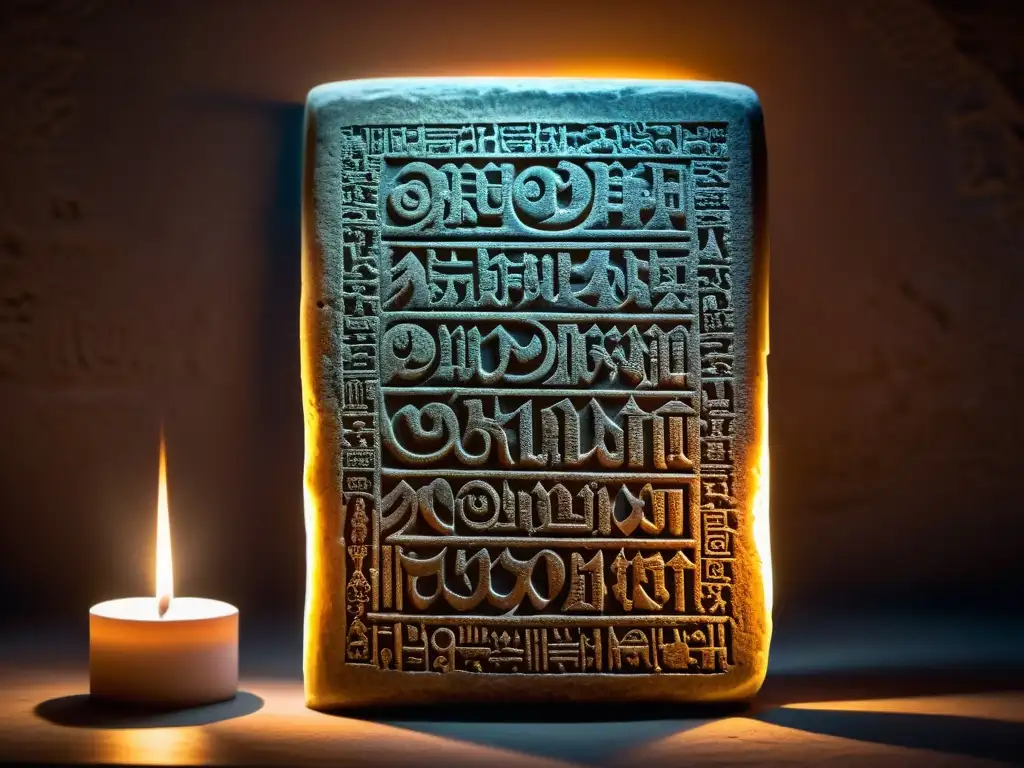 Una antigua tableta de piedra con intrincados grabados en los sistemas de escritura Glagolítico y Cirílico, iluminada por la suave luz de las velas