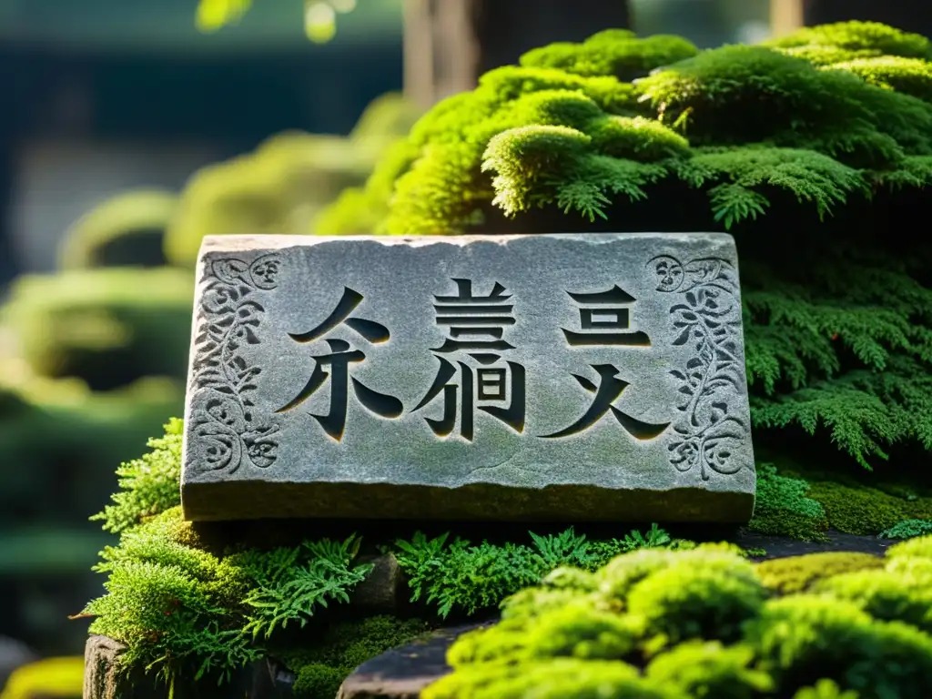 Una antigua tableta de piedra con kanji tallados, cubierta de musgo y grietas, iluminada por el sol