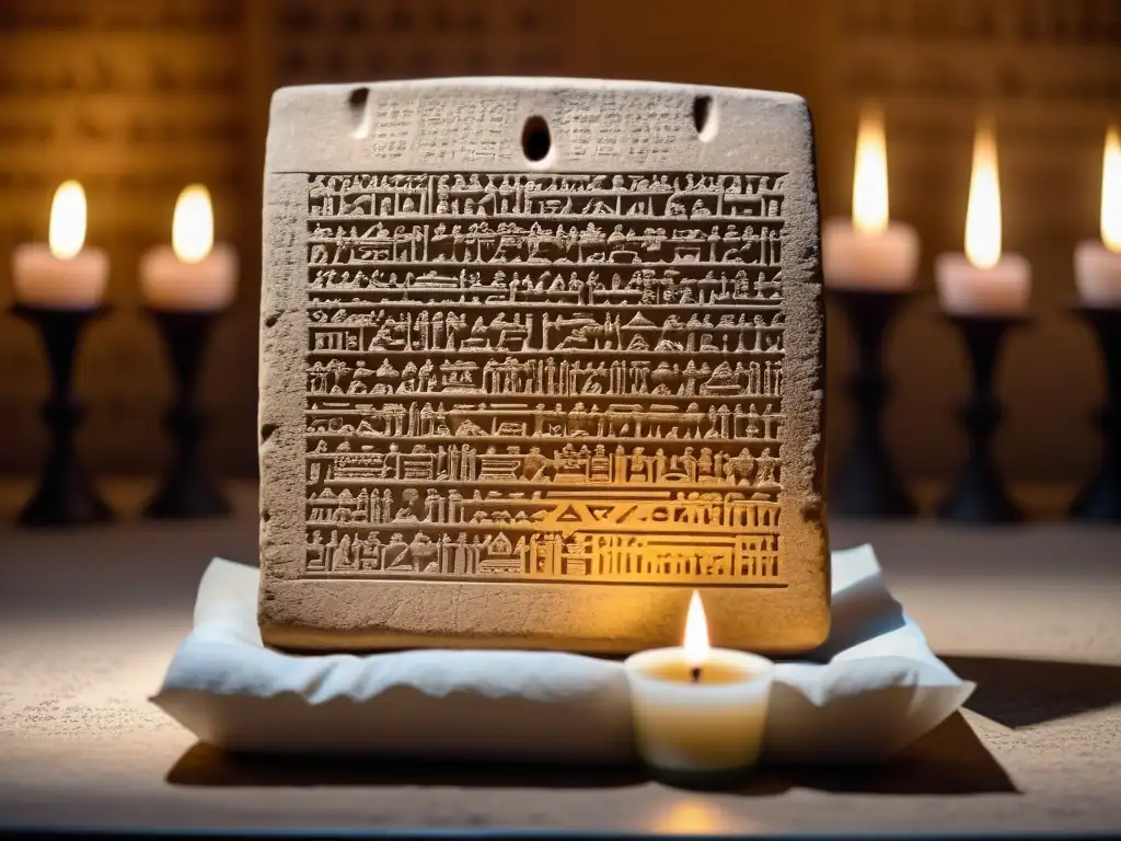 Antigua tablilla de arcilla con escritura cuneiforme iluminada por velas, evocando la comunicación con deidades en Mesopotamia