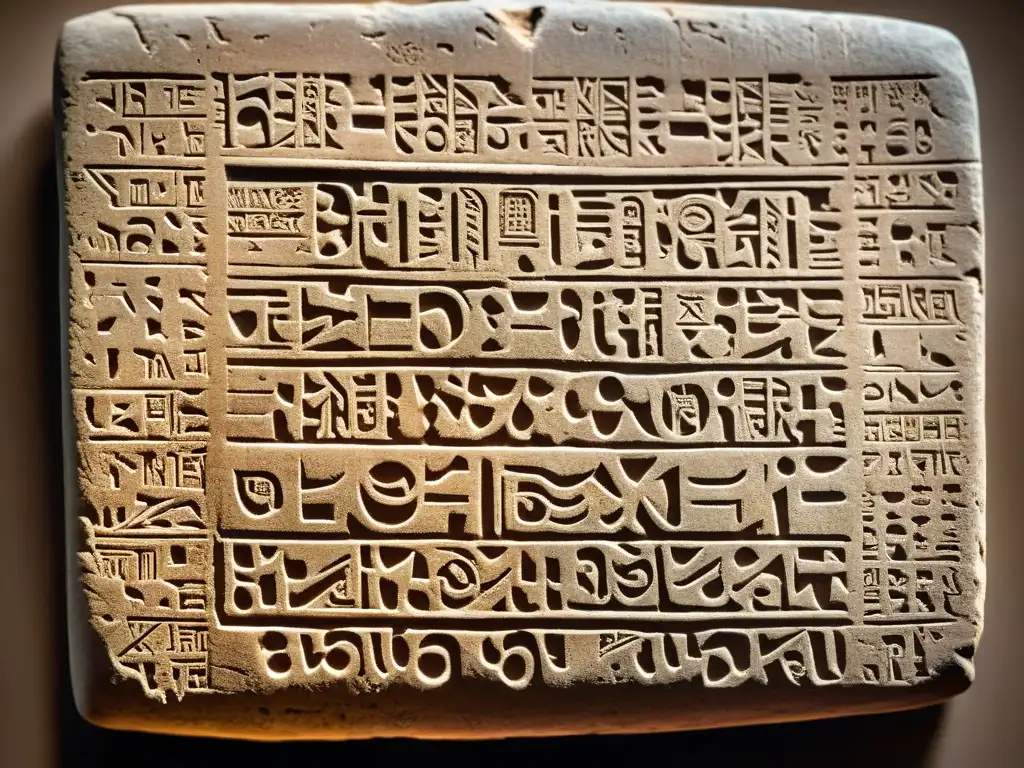 Tableta de arcilla inscrita en Lineal B: detalle asombroso Una antigua tablilla de arcilla con inscripciones en escritura lineal B, revelando caracteres intrincados y delicados