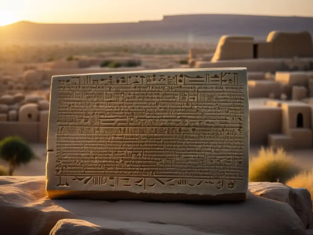 Antigua tablilla de piedra con escritura cuneiforme iluminada por luz dorada, mostrando las aventuras legendarias de Gilgamesh