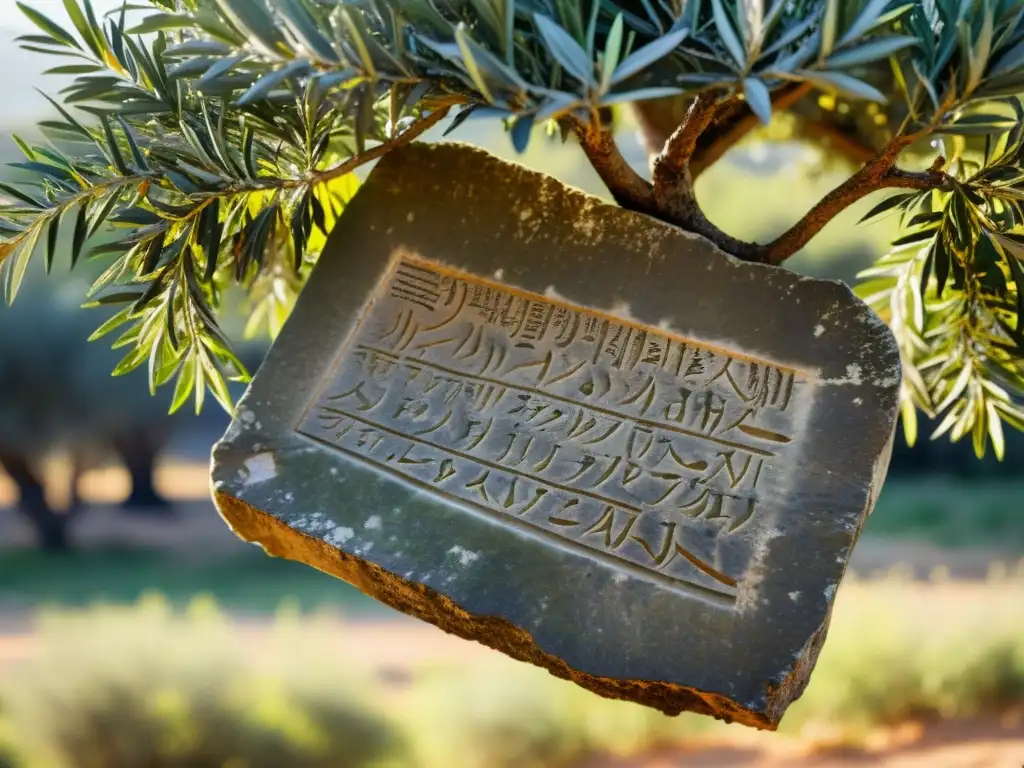 Una antigua tablilla de piedra con escritura fenicia iluminada por la cálida luz entre las ramas de un olivo en Líbano