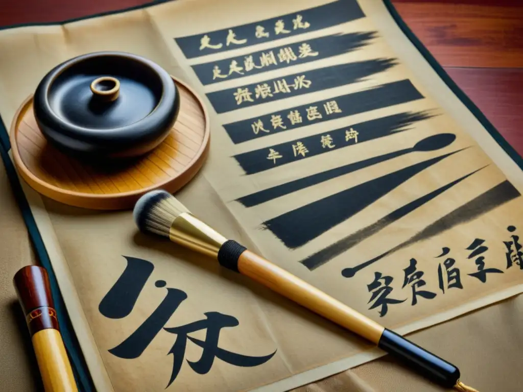 Antiguas herramientas de escritura china, evocando la evolución del kanji en la escritura, en un ambiente histórico y reverente