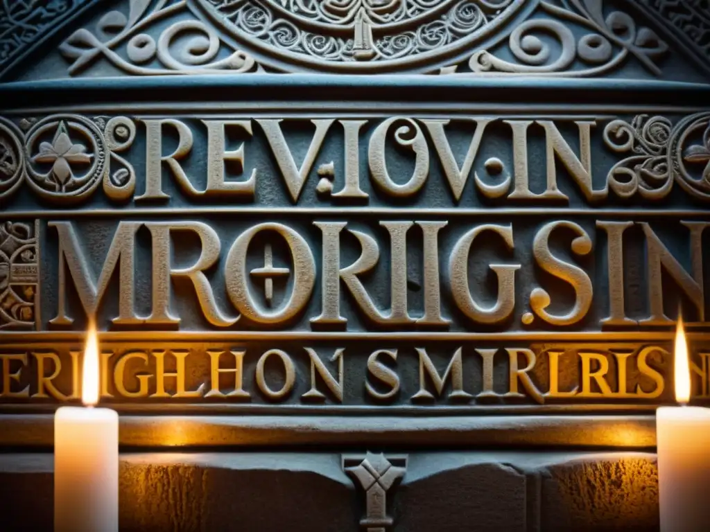Antiguas inscripciones religiosas merovingias iluminadas por velas en iglesia tenue
