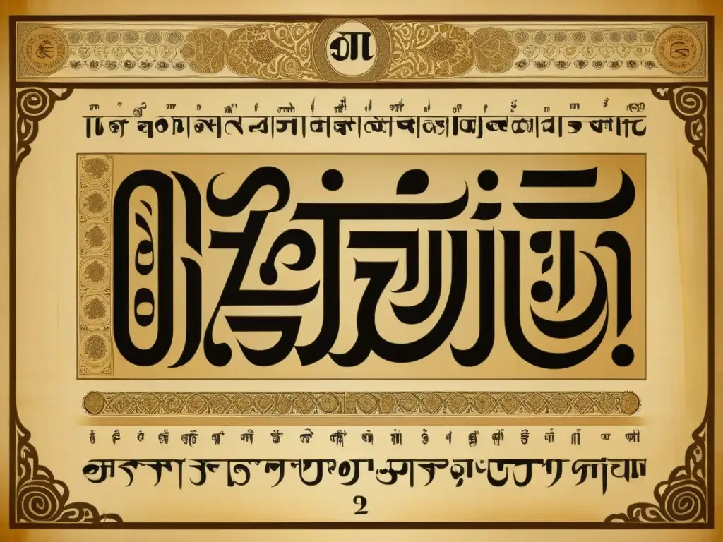 Un antiguo alfabeto Devanagari sánscrito, con caligrafía detallada y elementos decorativos ornamentados en tonos sepia