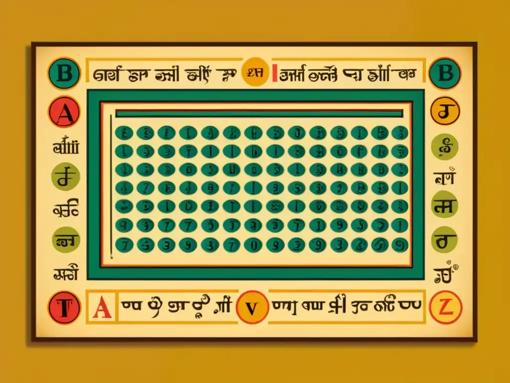 Antiguo alfabeto Devanagari sánscrito con detalles intrincados y motivos tradicionales, sobre papel envejecido, evocando historia y cultura