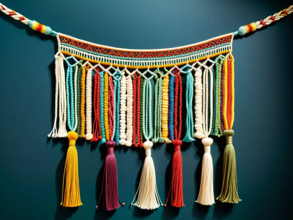 Antiguo quipu andino, coloridas cuerdas anudadas representando el lenguaje de los Incas